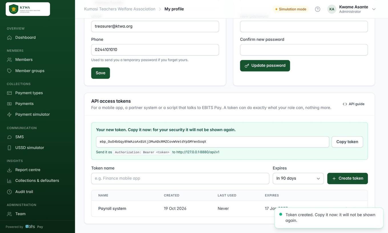 My profile → API access tokens: create a token for a system. It is shown once; copy it then.