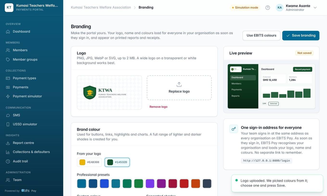 Branding: upload your logo, pick a colour suggested from it, choose an interface style and preview before saving.