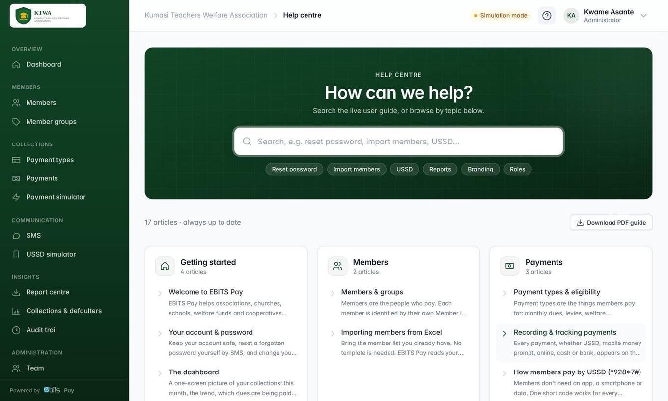 The Help centre: search as you type, or browse by topic.