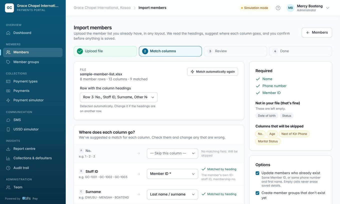 Step 2: suggested matches. A name, a phone number and the Member ID (here "Staff ID") are required.