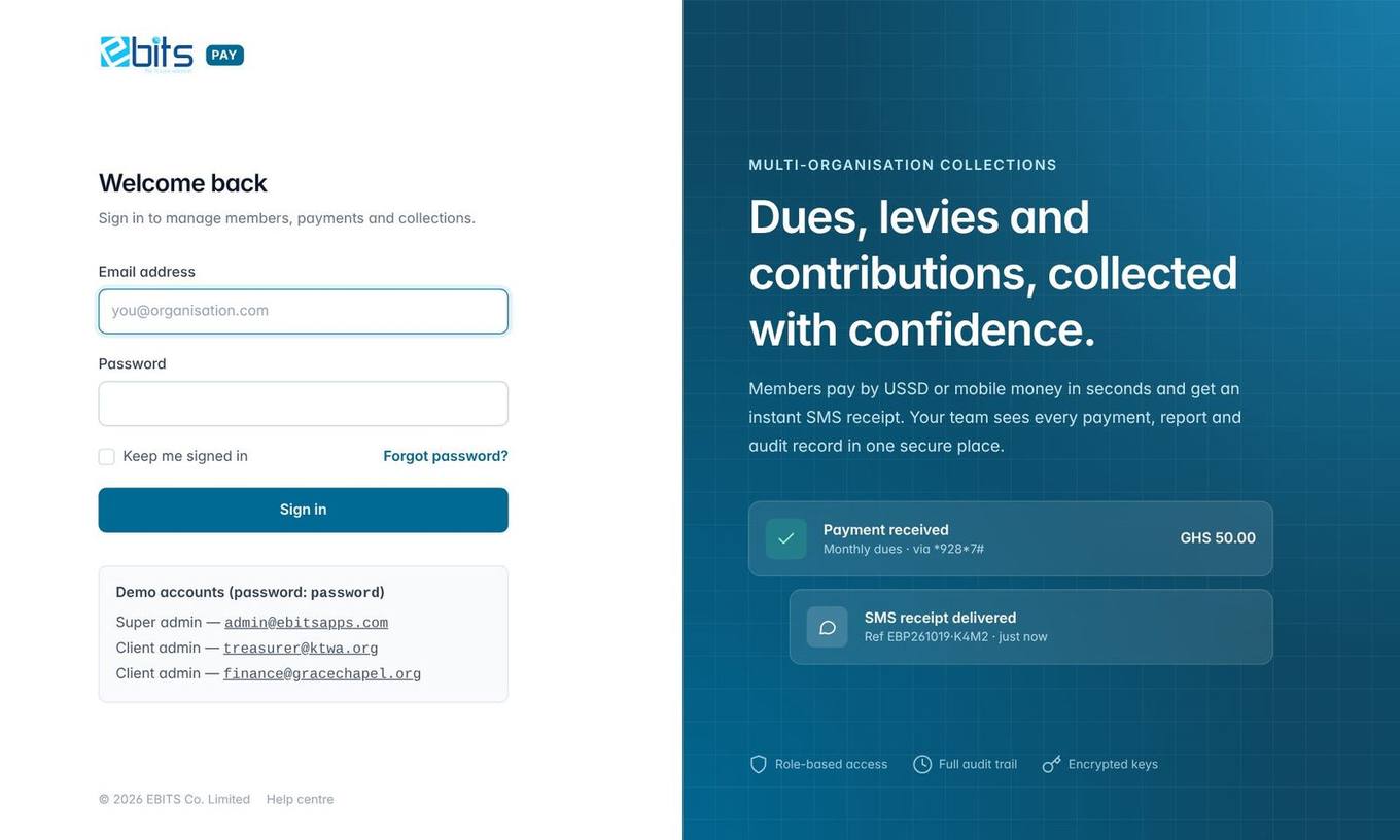 The sign-in page. "Forgot password?" sends a temporary password by SMS.