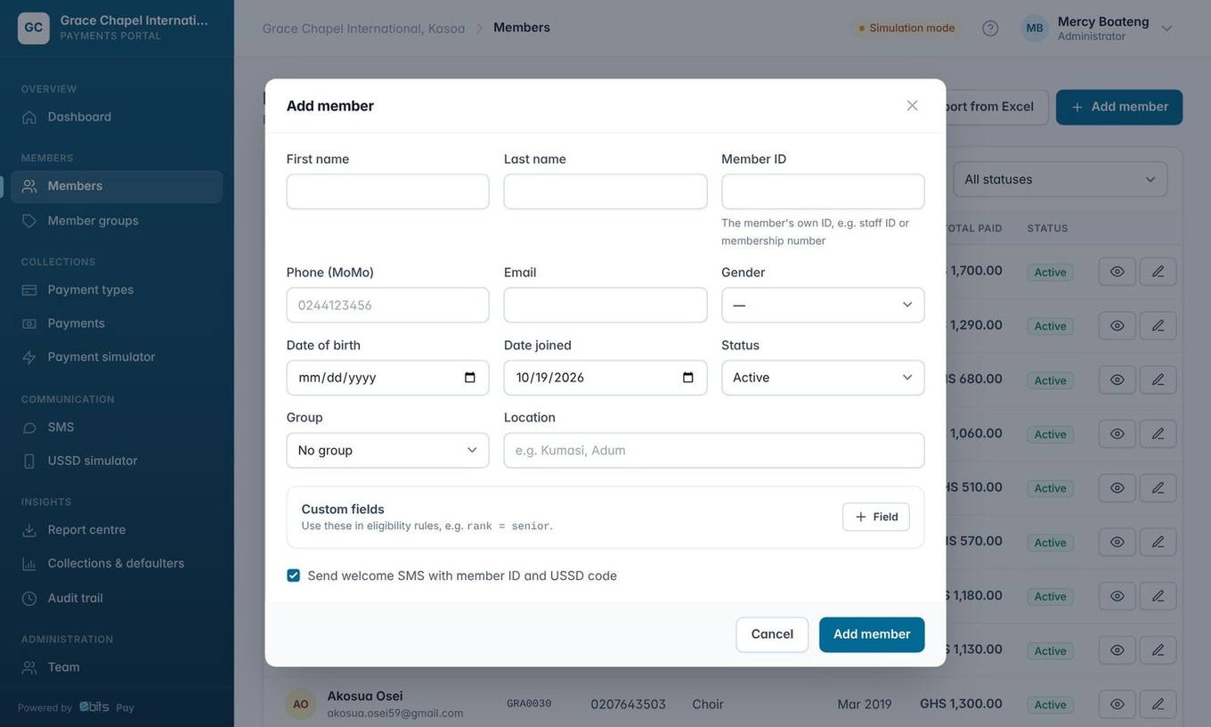 Add member: name, phone and the member's own Member ID are required.