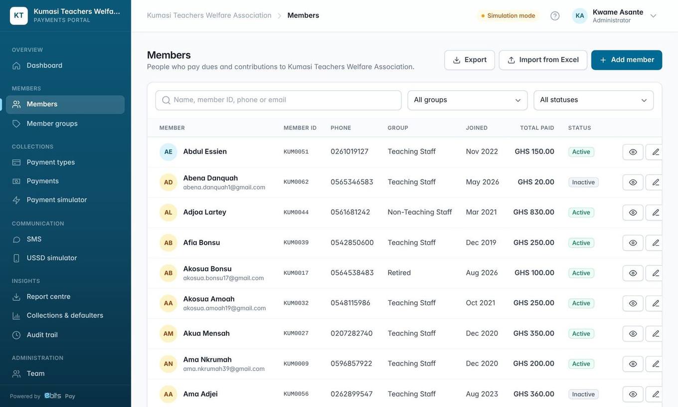 Members: search by name, ID, phone or email; filter by group and status.