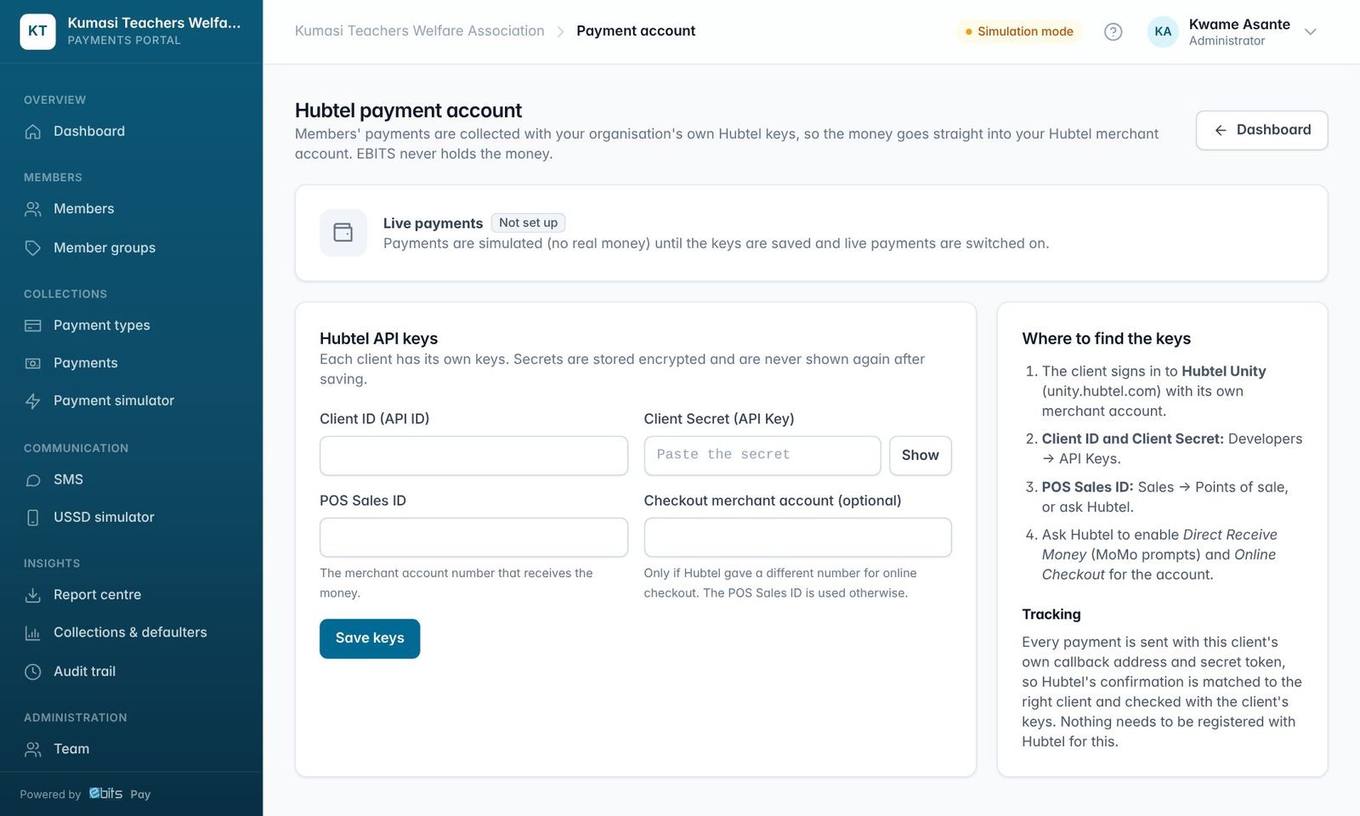 Payment account: enter your own Hubtel keys, test them, then switch live payments on.