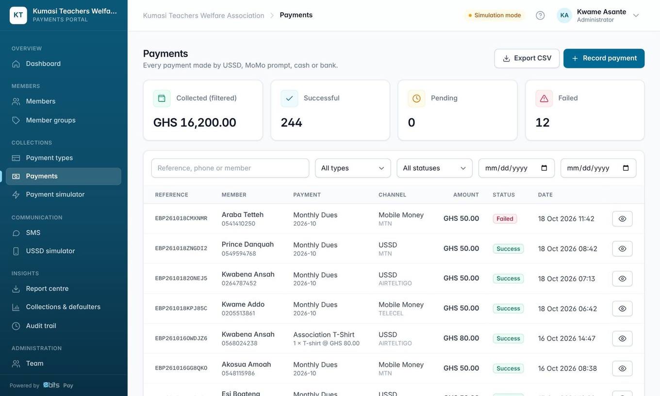 Payments: filter by status, type, channel and date; open any payment for details.