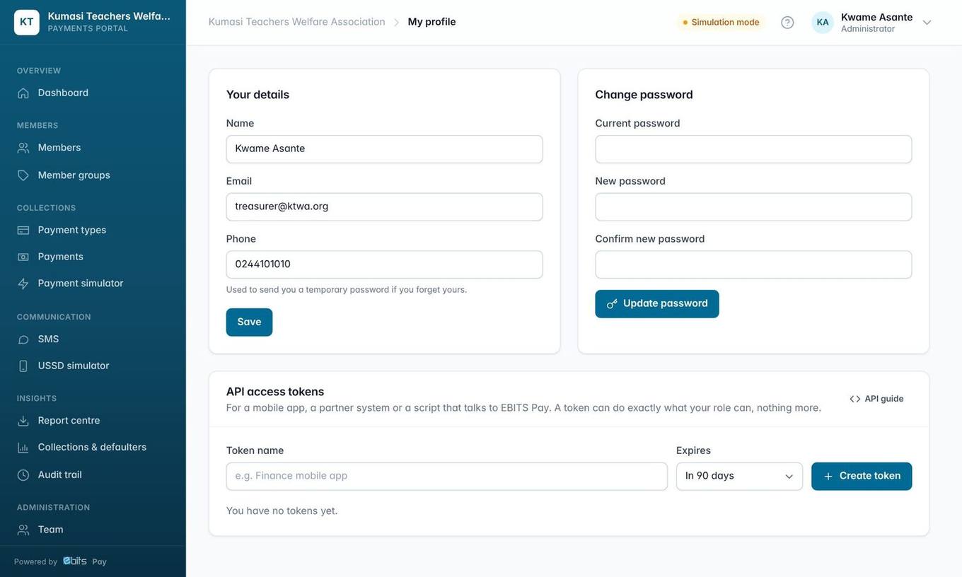 My profile: update your details and change your password.