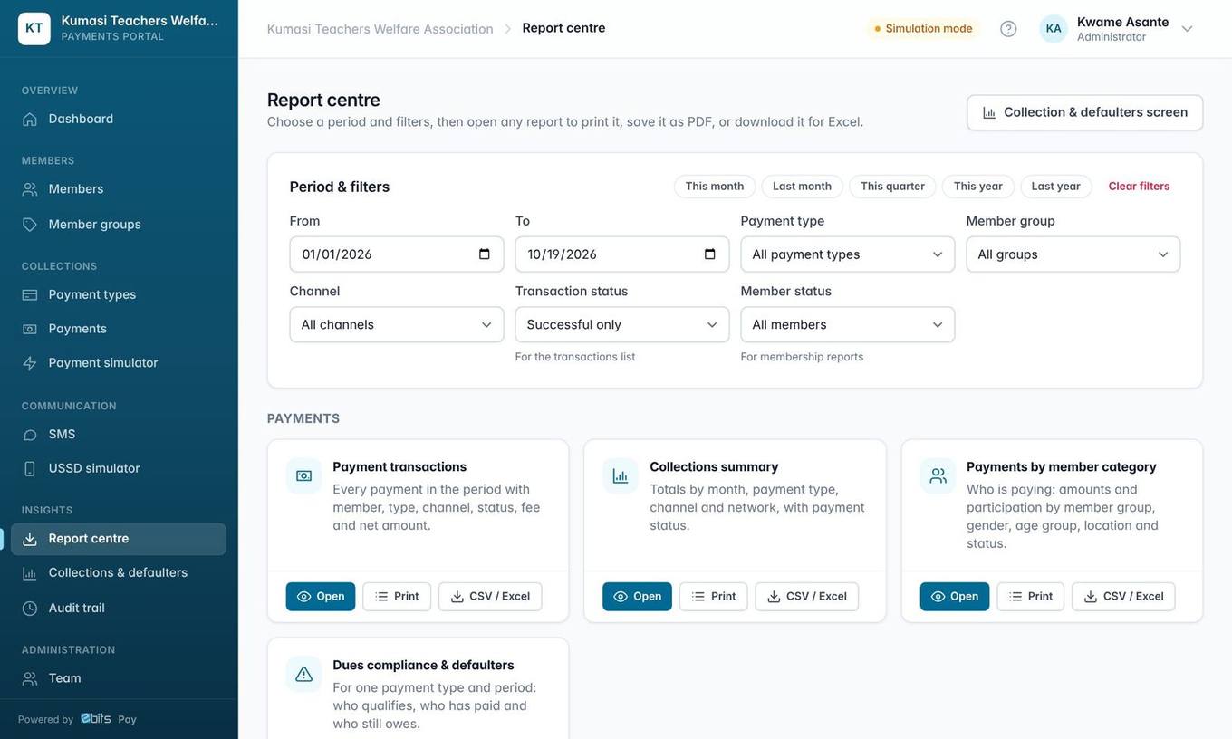 Report centre: set the period and filters once, then open, print or download any report.