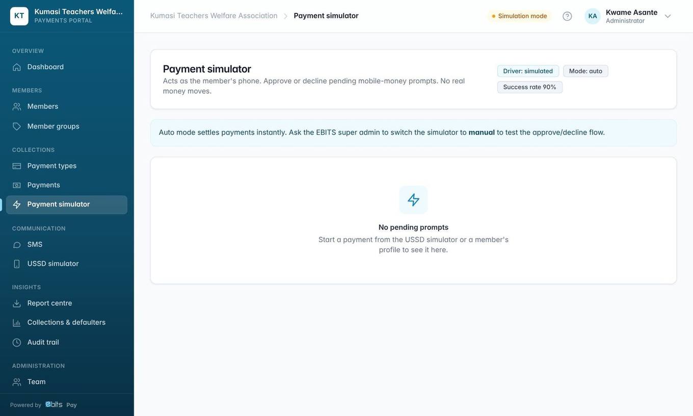 Payment simulator (simulation mode): approve or decline test prompts.