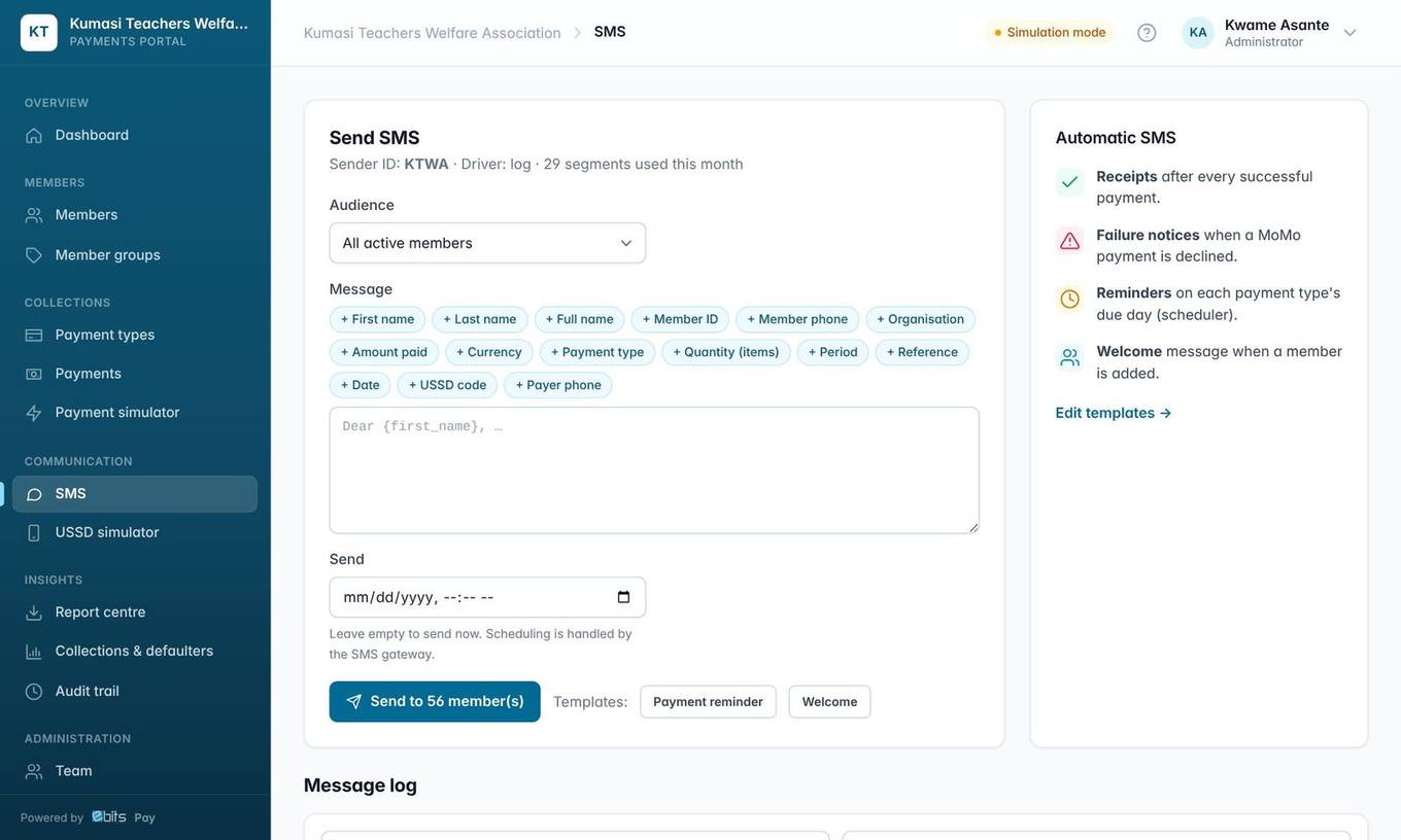 Send SMS: choose the audience, write with placeholders, send now or schedule.