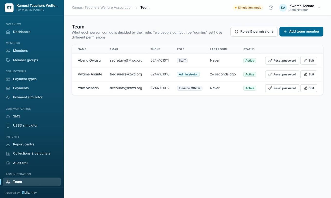 Team: add people, give them a role, and reset passwords.