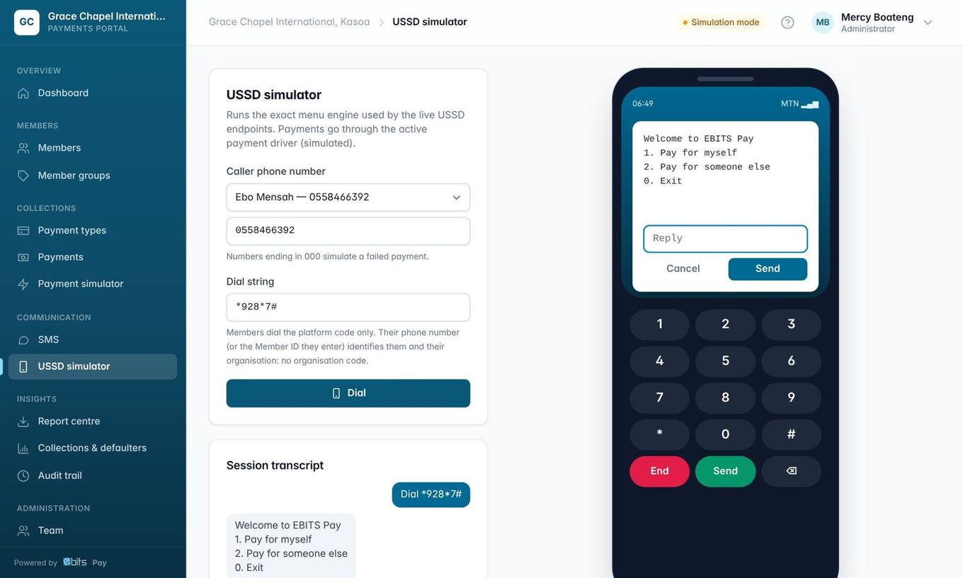 The USSD simulator lets you try the menu exactly as a member sees it.